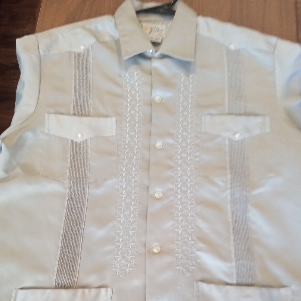 Men's Light Beige Genuine Yucateca Long Sleeve Embroidered Guayabera Shirt